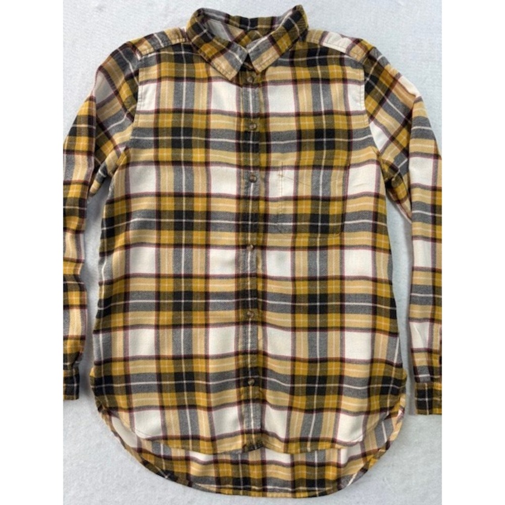 American Eagle Soft Boyfriend Fit Flannel Shirt Womens MED Yellow Plaid‎